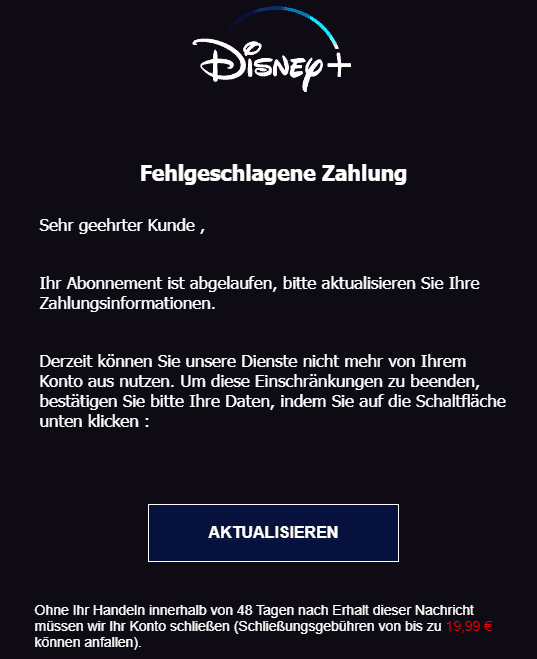 Disney+ fehlgeschlagene Zahlung