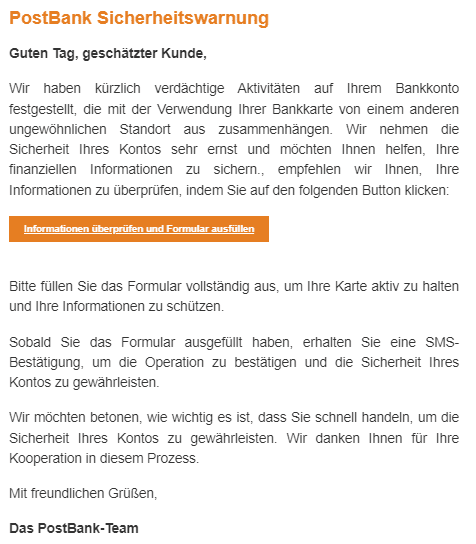 Postbank Sicherheitswarnung