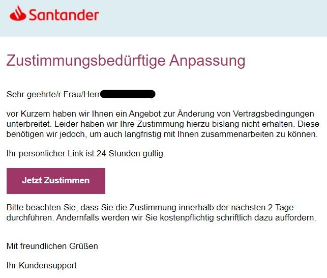 Santander Zustimmung Vetragsbedingungen