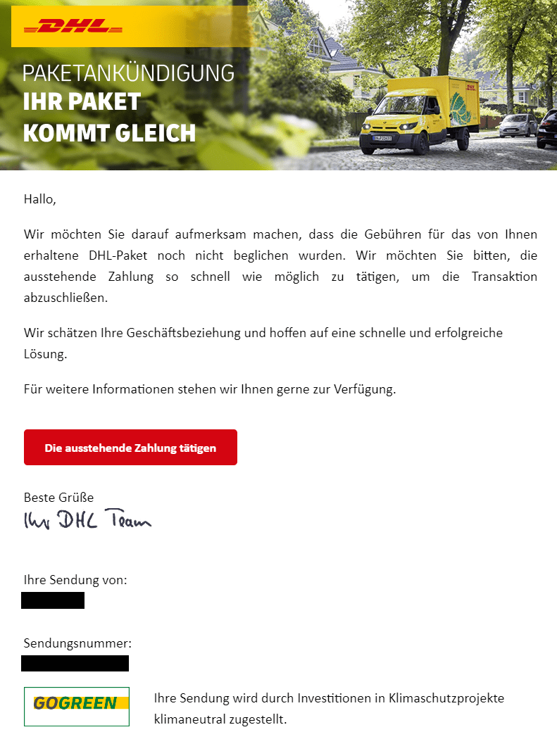 DHL Paketankündigung ausstehende Zahlung