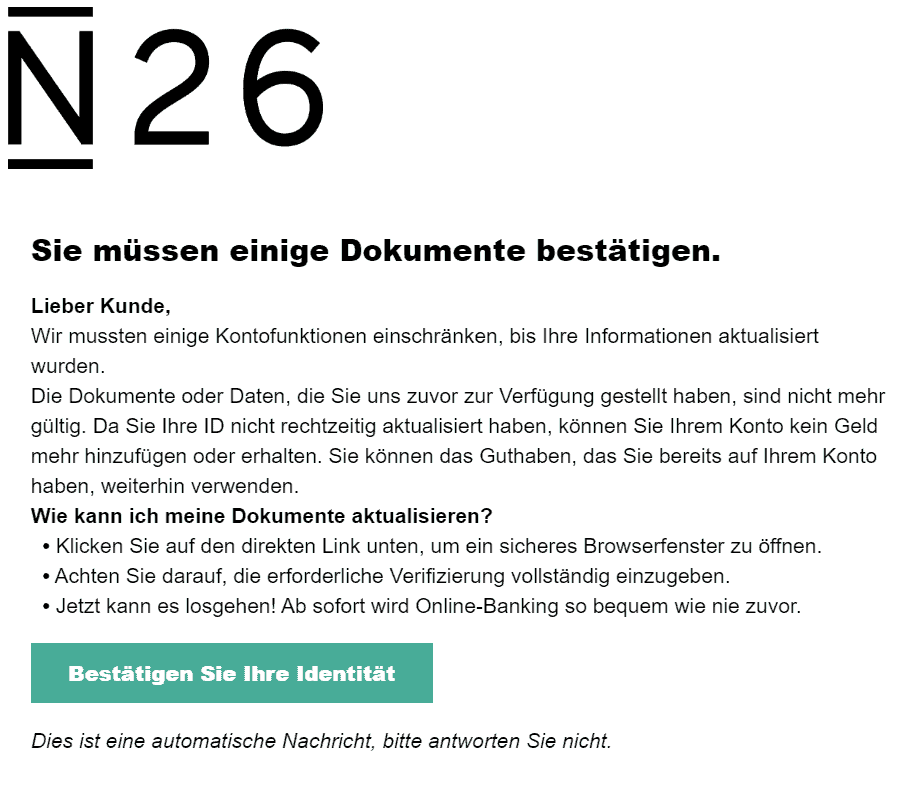 N26 Dokumente aktualisieren Identität bestätigen