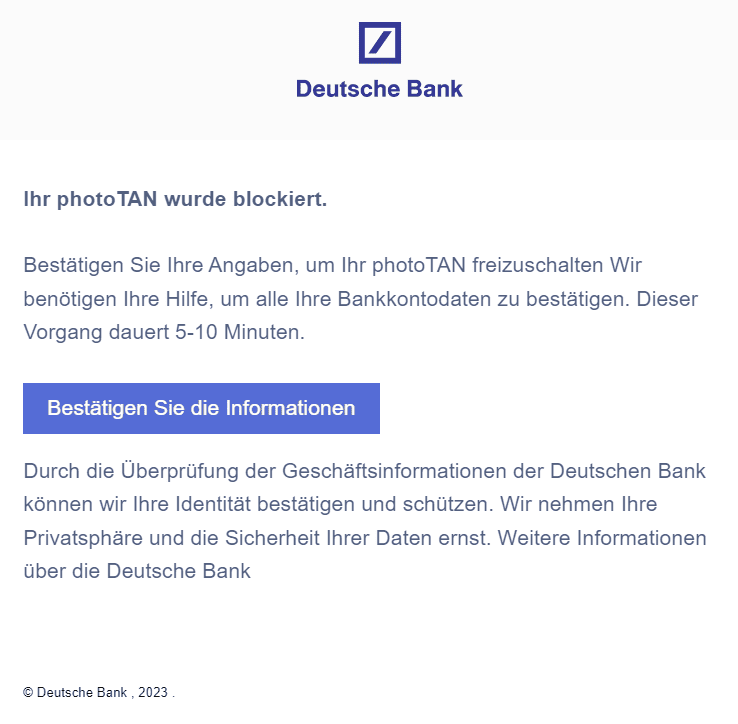 Deutsche Bank Bestätigung Geschäftsinformationen
