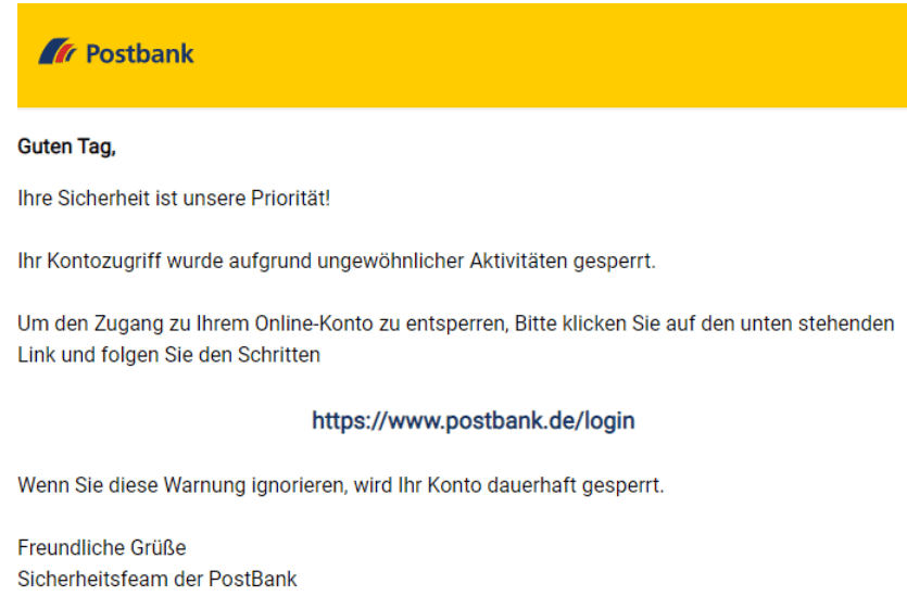 Postbank Warnung dauerhafte Konto Sperrung