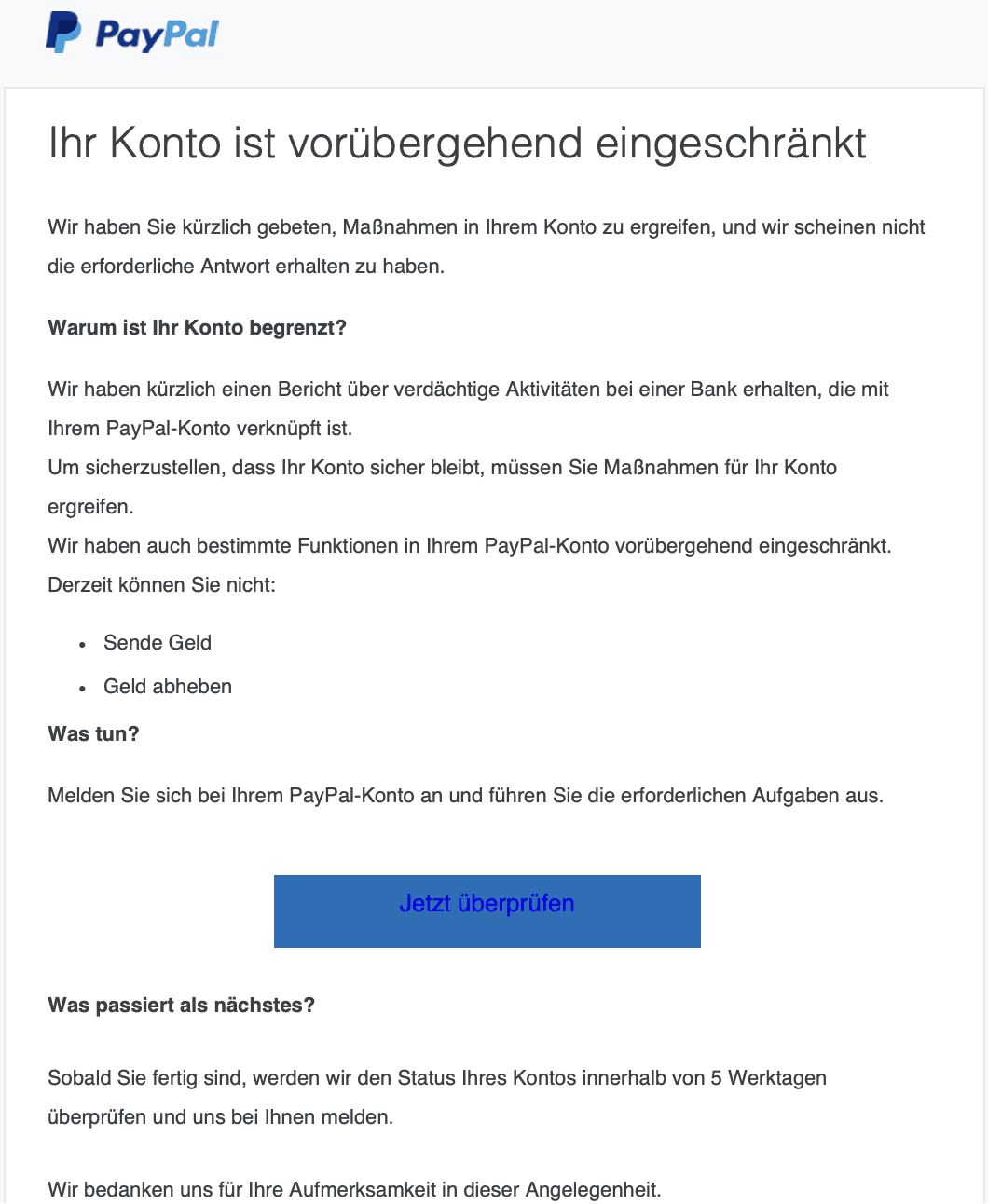 Paypal begrenzte Kontofunktion