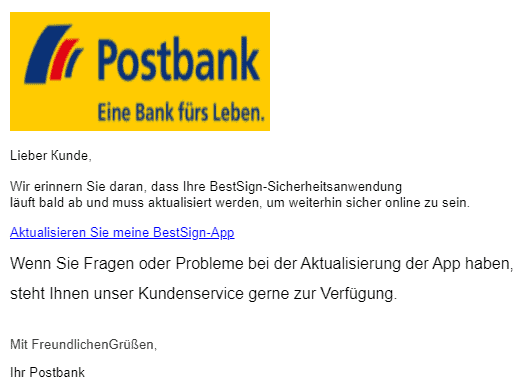 Postbank BestSign Sicherheitsanwendung läuft ab