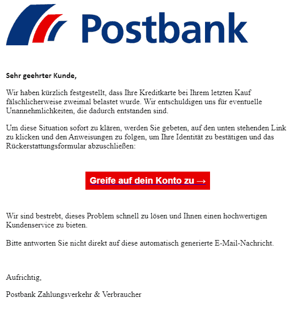 Postbank Kreditkarte zweimal belastet