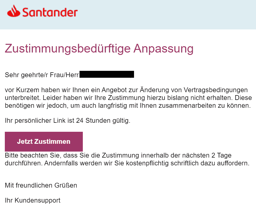 Santander Zustimmungsbefürtige Anpassung