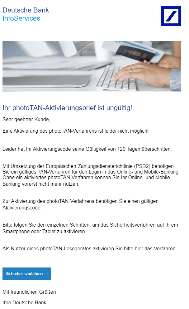 Deutsche Bank photoTan Aktivierungsbrief ungültig