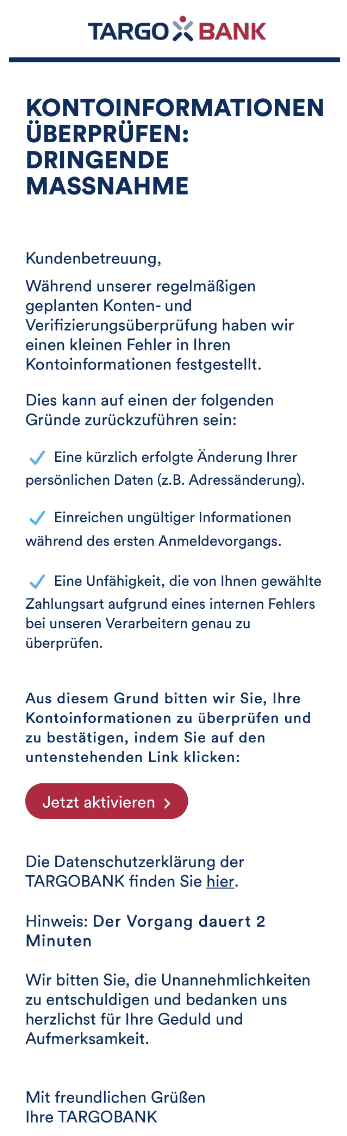 Targobank dringend Konto überprüfen