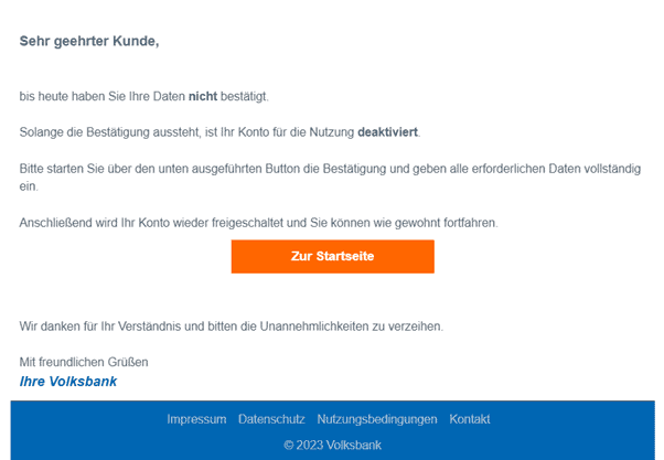 Volksbank Konto deaktiviert fehlende Datenbestätigung