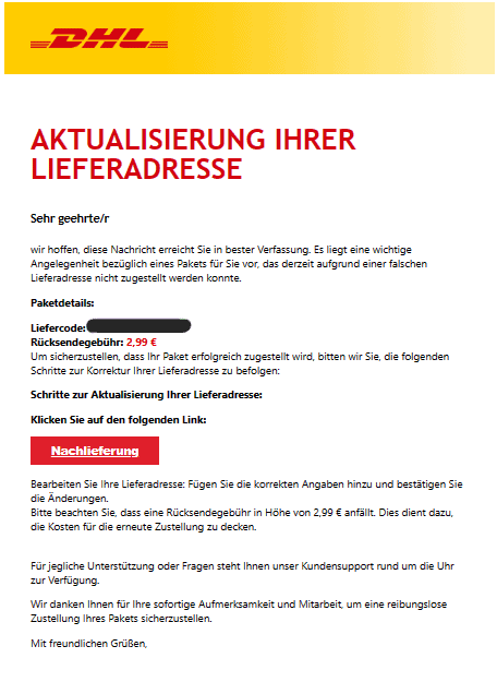 DHL Aktualisierung LIeferadresse