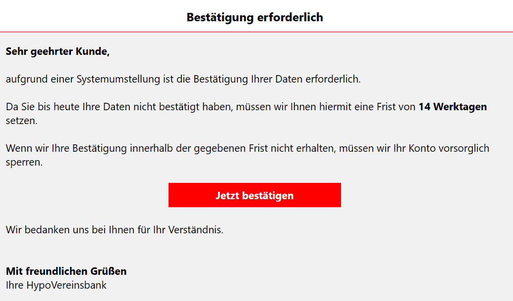 Hypovereinsbank Systemumstellung bestätigen Daten