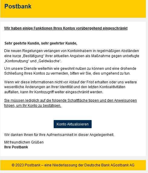 Postbank Konto Funktion eingeschränkt