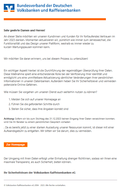 Volksbank regelmäßige Überprüfung Kunden Daten