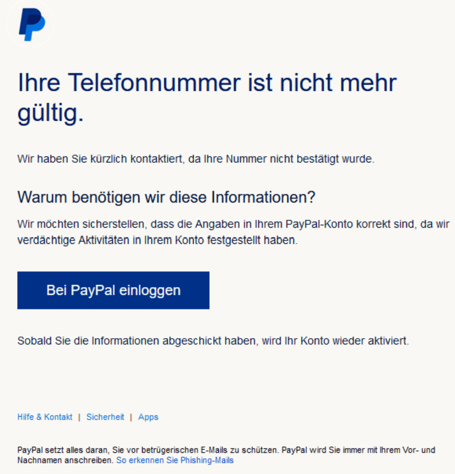PayPal Telefonnummer ungültig