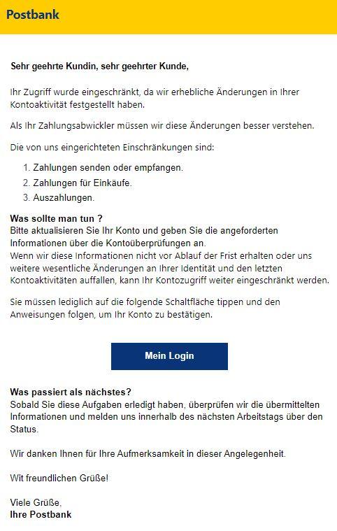 Postbank Zahlungsabwicklung Änderungen Einschränkungen