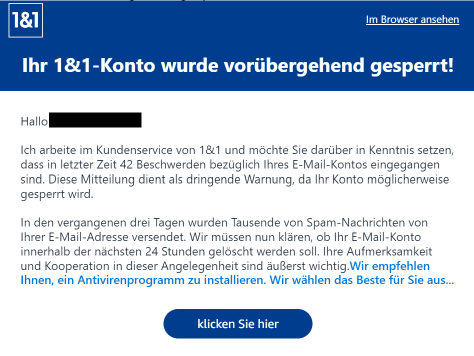 1&1 Spam Nachrichten Konto gesperrt