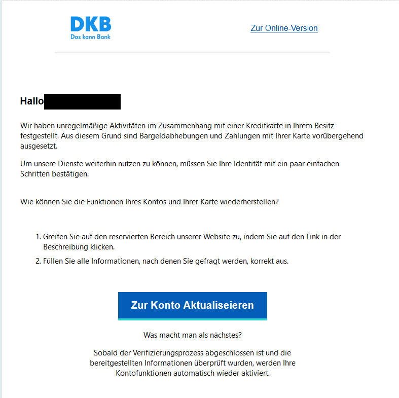 DKB Konto aktualisieren Kreditkarte geblockt