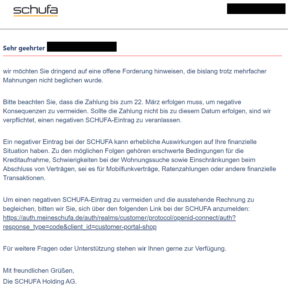 Schufa offene Zahlung Mahnung