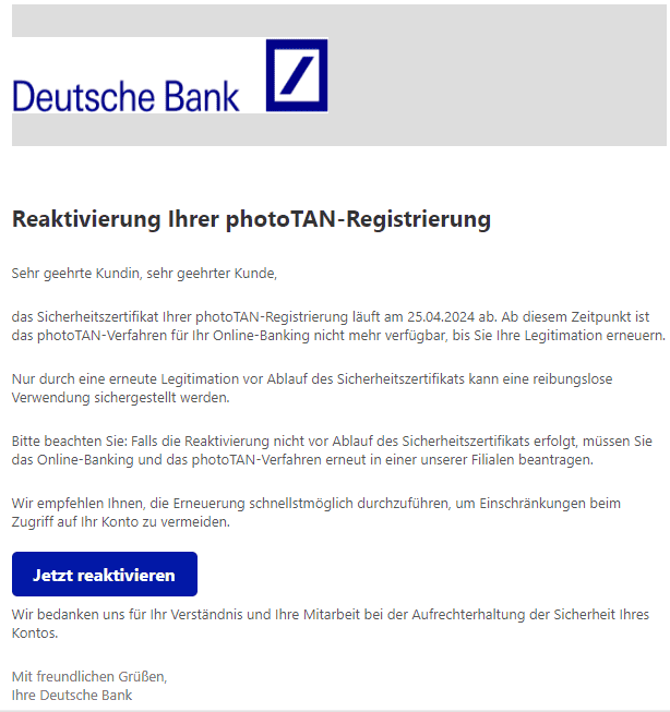 Deutsche Bank Reaktivierung photoTan