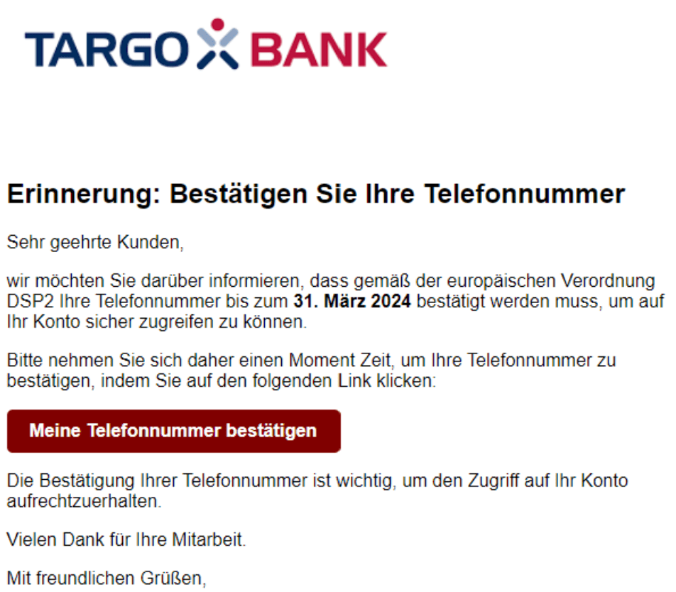 Targobank Telefonnummer bestätigen
