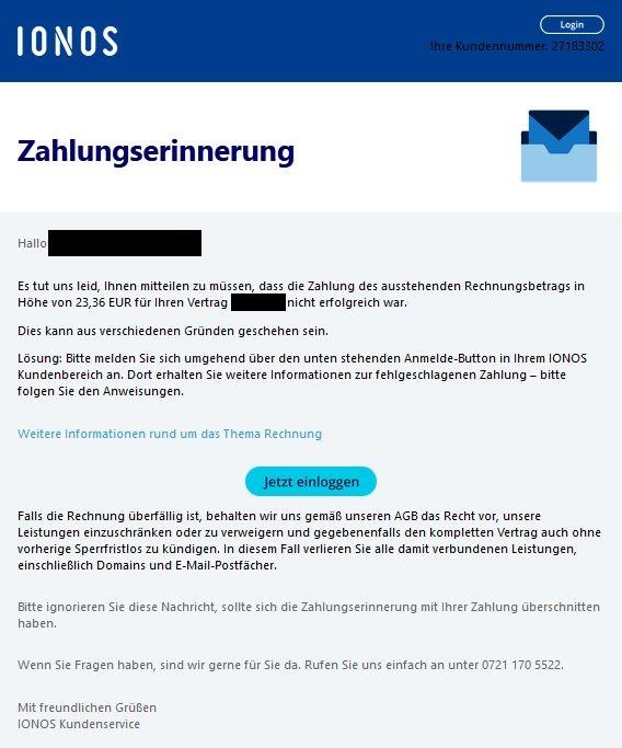 Ionos fehlgeschlagene Zahlung