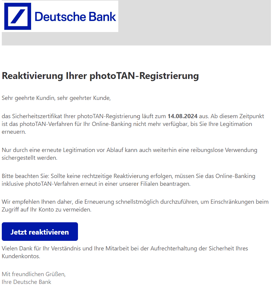 Deutsche Bank PhotoTAN jetzt reaktivieren