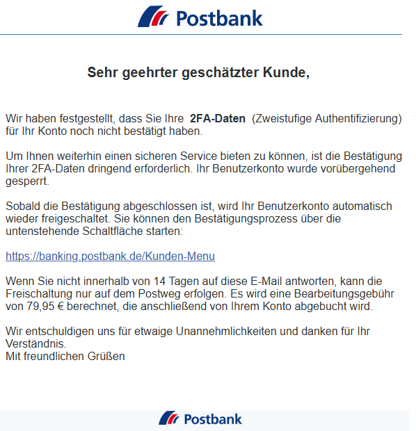 Postbank 2FA Daten nicht bestätigt Konto gesperrt