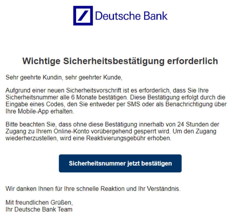 Deutsche Bank Sicherheitsbestätigung 24 Stunden