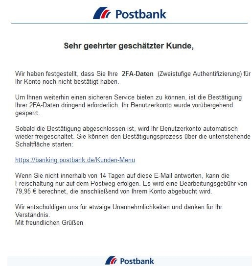 Postbank Online Banking 2FA Bestätigung