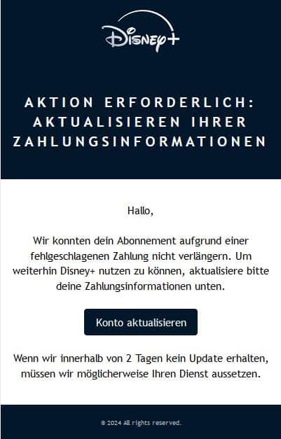 Disney Plus Aktualisierung der Zahlungsinformationen