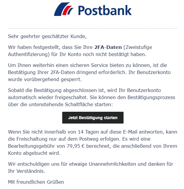 Postbank Fehlende 2FA-Authentifizierung, Kontosperre & hohe Bearbeitungsgebühr