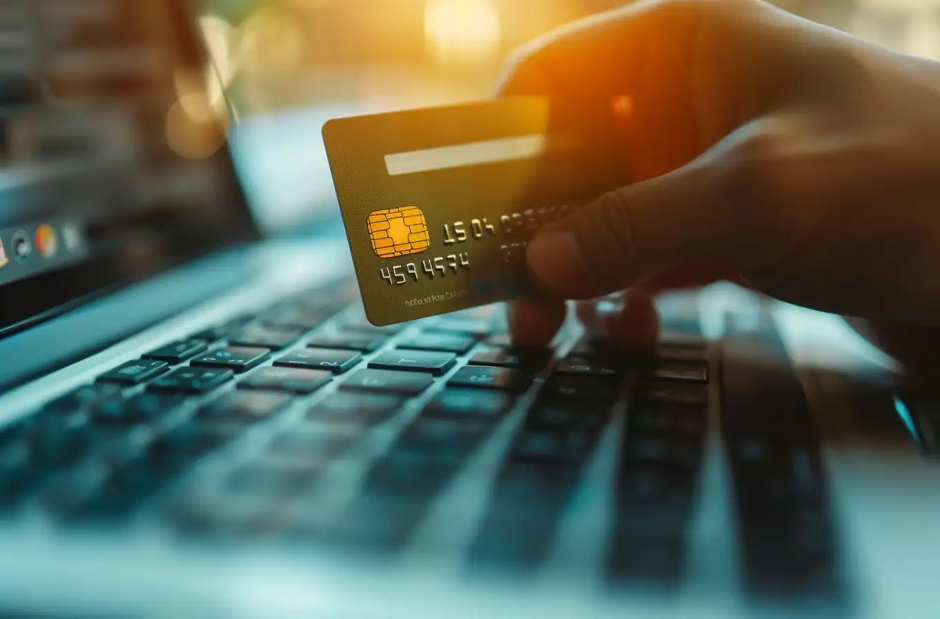 Hand hält Kreditkarte über Laptop-Tastatur, im Hintergrund warmes Licht; symbolisiert rechtliche Beratung durch einen Anwalt bei Online-Banking-Betrug.