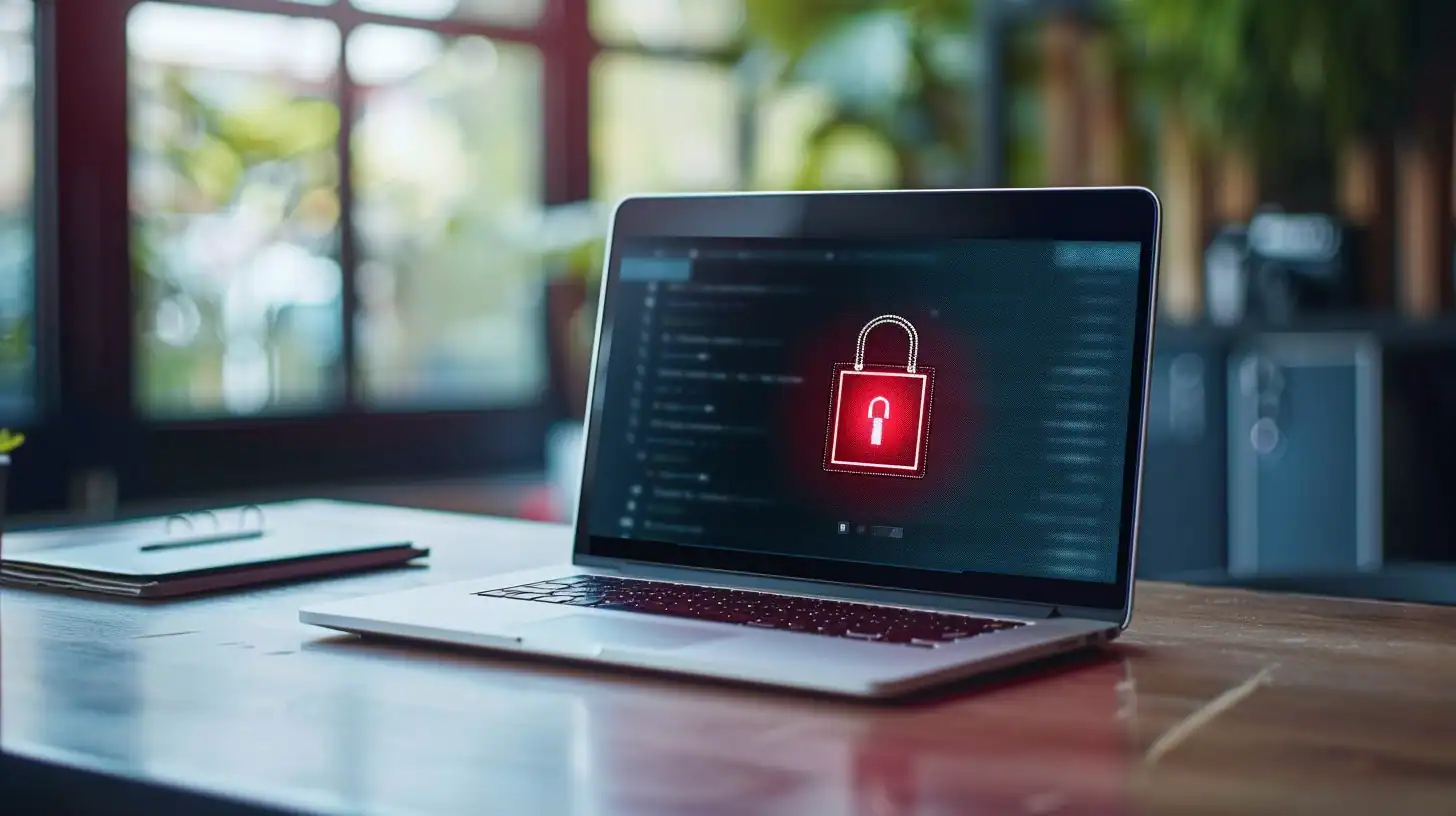 Laptop auf sauberem Schreibtisch mit rotem Schloss-Symbol im Online-Banking; symbolisiert rechtliche Unterstützung durch Anwalt beim Entsperren von Accounts.