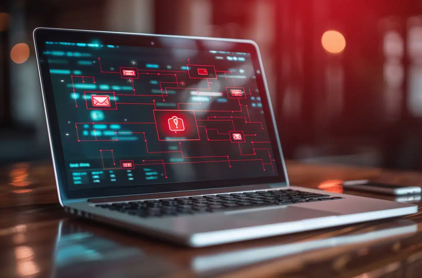 Laptopbildschirm zeigt Online-Überweisung mit roten Warnsymbolen; symbolisiert rechtliche Unterstützung durch Anwalt bei Überweisungsbetrug und manipulierten Transaktionen.
