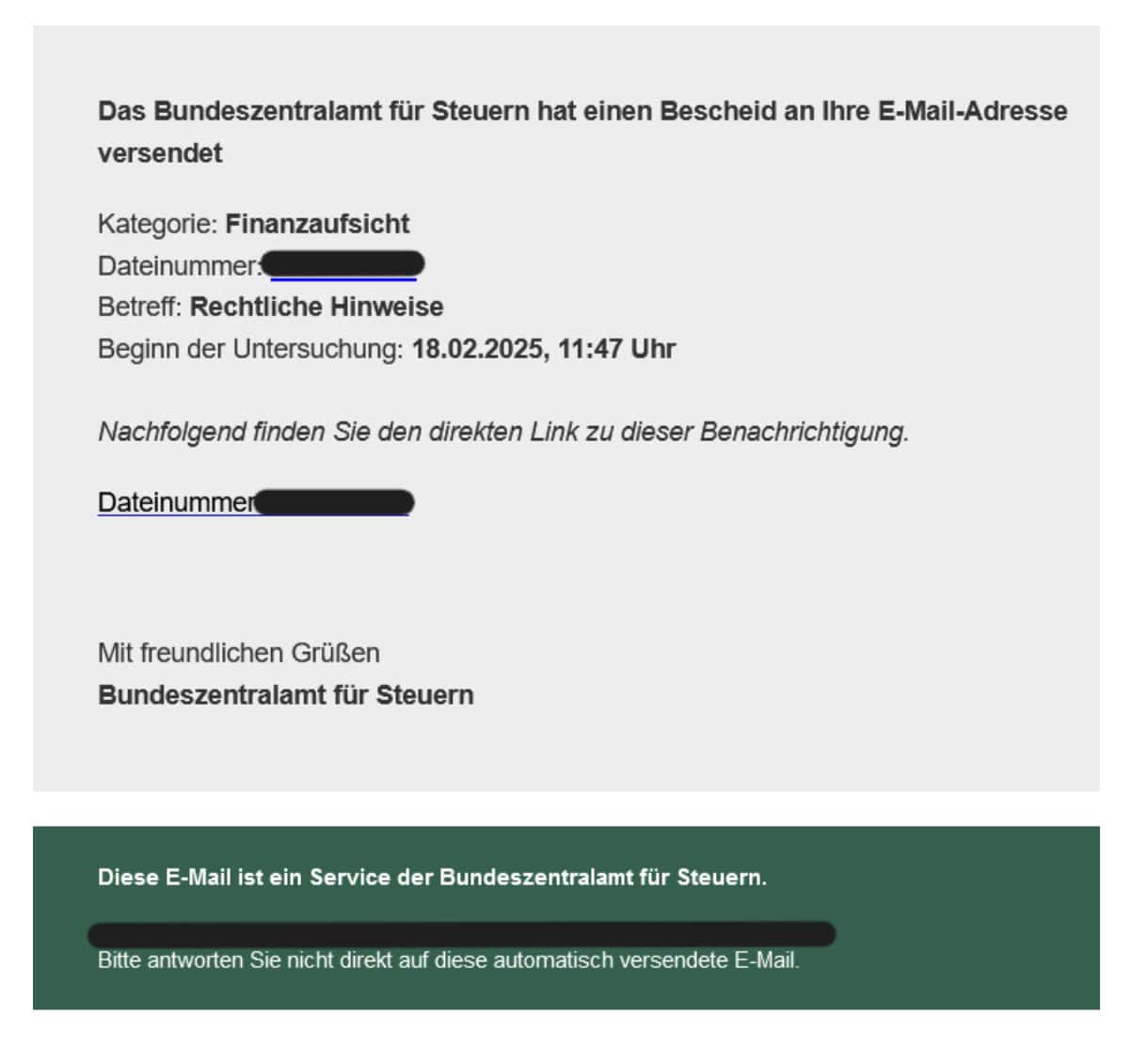 Bundeszentralamt für Steuern Phishing Mail/SMS