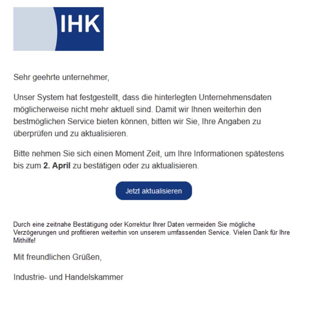 IHK Phishing Mail/SMS