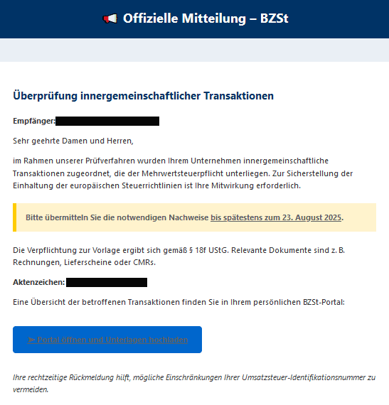 Bundeszentralamt für Steuern Phishing E-Mail BZSt