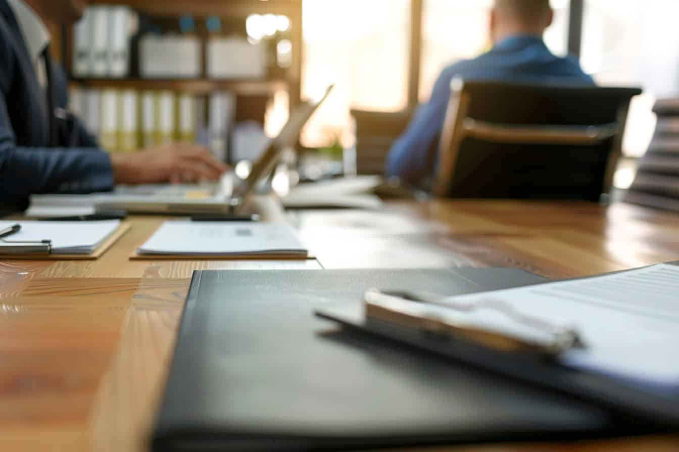 Schreibtisch mit Dokumenten und Laptop im Vordergrund, zwei Personen unscharf im Hintergrund, symbolisiert anwaltliche Beratung zu Pflichtanteil und dinglichem Arrest, ruhige und professionelle Atmosphäre.