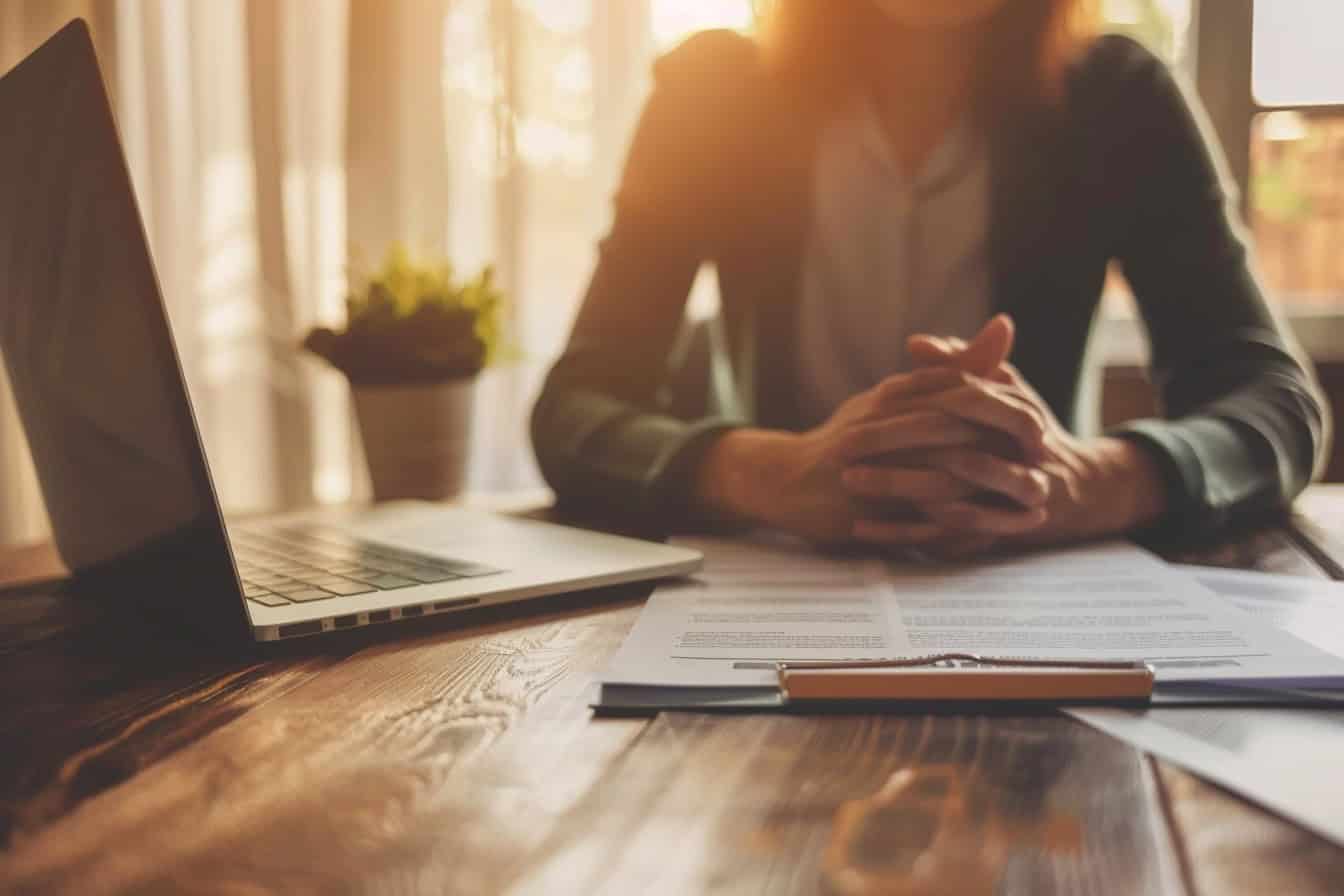 Person sitzt an einem Schreibtisch, Hände gefaltet, Dokumente und Laptop auf dem Tisch, symbolisiert rechtliche Beratung und Entscheidung zum Erbverzicht, ruhige und professionelle Atmosphäre.