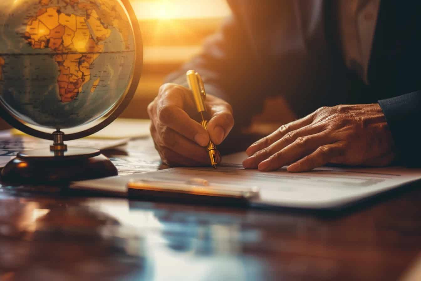 Globus im Vordergrund auf einem Schreibtisch, im Hintergrund eine Person, die Dokumente unterschreibt, symbolisiert internationale Erbrechtsberatung.
