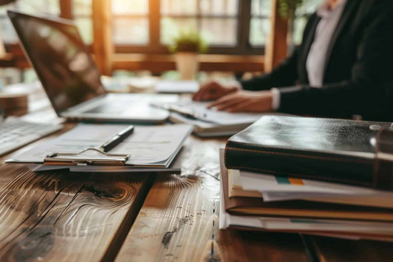 Realistische Draufsicht auf einen Holztisch mit mehreren Dokumenten und Aktenordnern sowie einem Laptop, im Hintergrund unscharf eine Person sitzend, symbolisiert rechtliche Beratung zur Pflichtteilsstrafklausel.