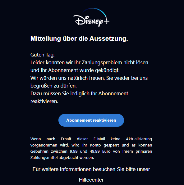 Disney Plus Phishing E-Mail