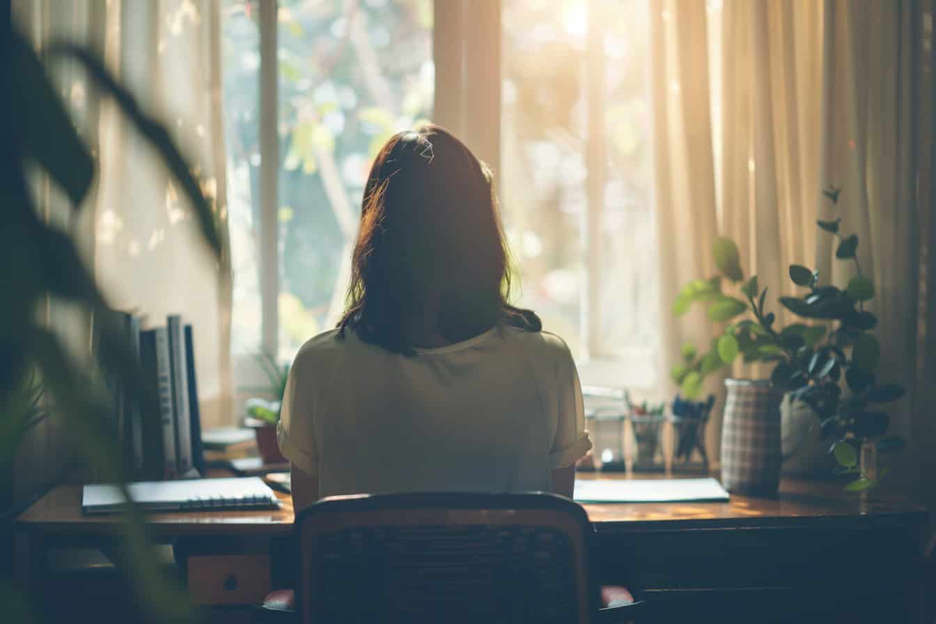 Person sitzt am Schreibtisch von hinten gesehen, Symbolbild für Entscheidungen bei überschuldetem Erbe in der Privatinsolvenz, ruhige und nachdenkliche Atmosphäre.