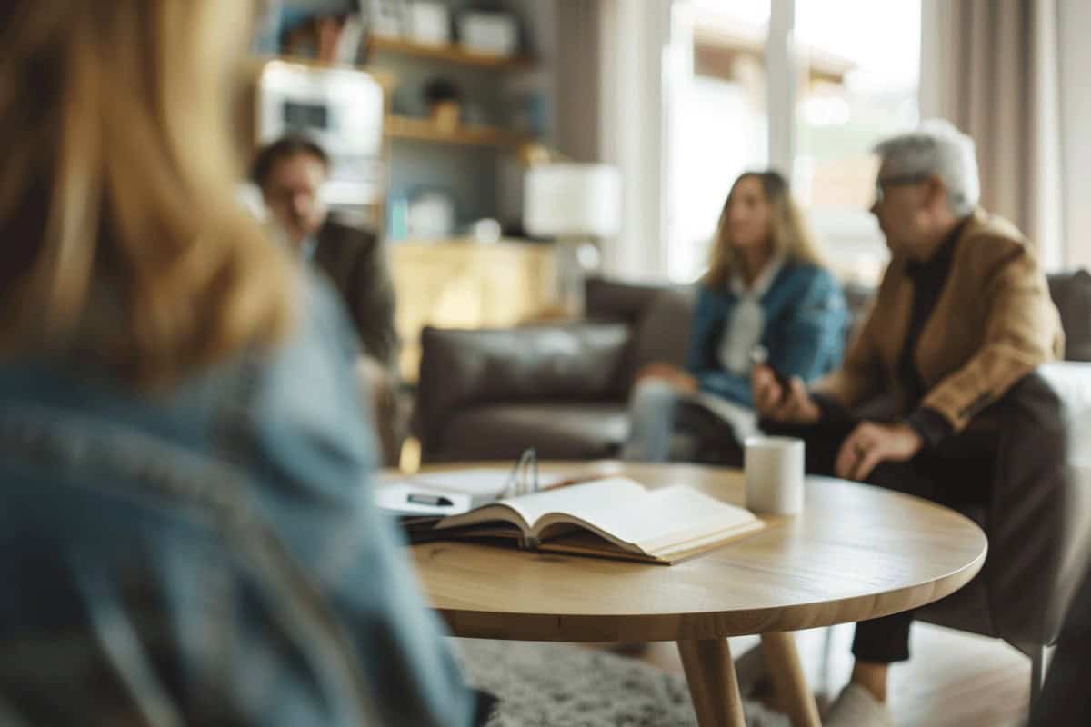 Erwachsene diskutieren an einem Tisch über ein offenes Testament, von hinten und leicht unscharf, symbolisiert Erbenfeststellungsklage und die Klärung von Pflichtteilsansprüchen in der Familie.