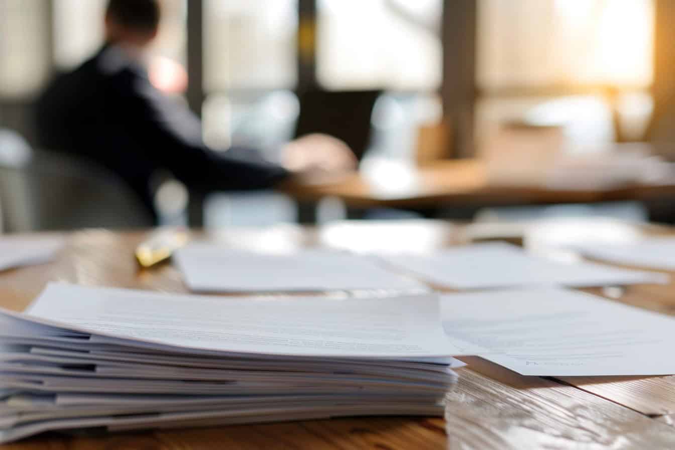 Schreibtisch mit offenem Testament und geordneten Unternehmensunterlagen, im Hintergrund eine unscharfe Person von hinten, symbolisiert das Thema Pflichtteil bei Unternehmen und Unternehmensanteilen in einem ruhigen, seriösen Bürosetting.