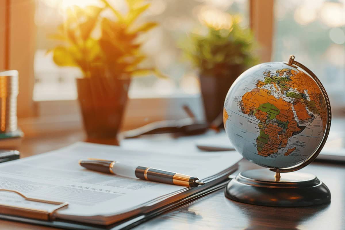 Globus auf Schreibtisch mit Dokumentenstapel und Stift in Kanzlei, symbolisch für die anwaltliche Beratung zu einem internationalen Testament beim Auswandern