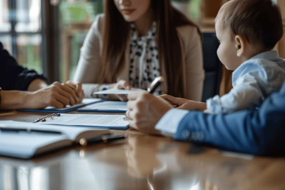 Anwalt und Klient in modernem Büro am Schreibtisch mit Dokumentenstapel und Stift, berät Elternteil, Baby sitzt mit am Tisch, symbolisch für rechtliche Beratung zu Adoption und Erbrecht.