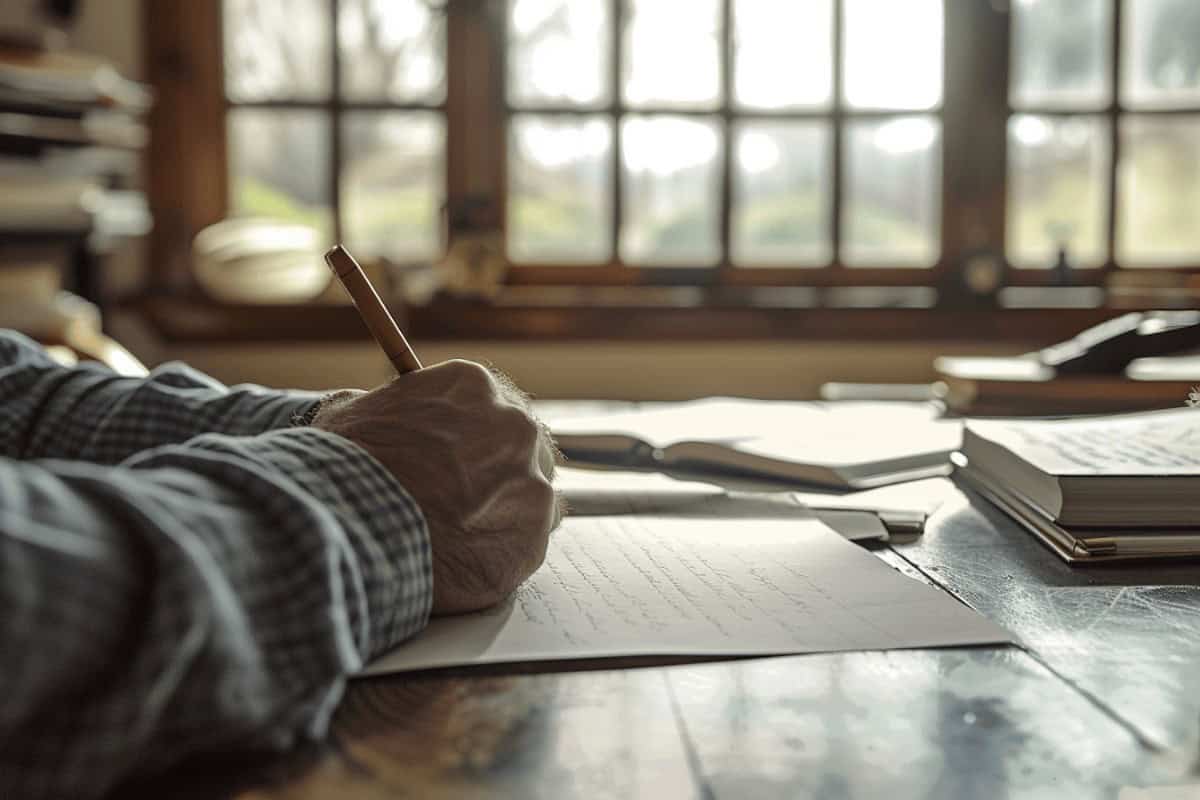 Darstellung einer Person, die handschriftlich ein Einzeltestament verfasst, Symbolik für rechtliche Beratung durch einen Anwalt zum Thema Einzeltestament.