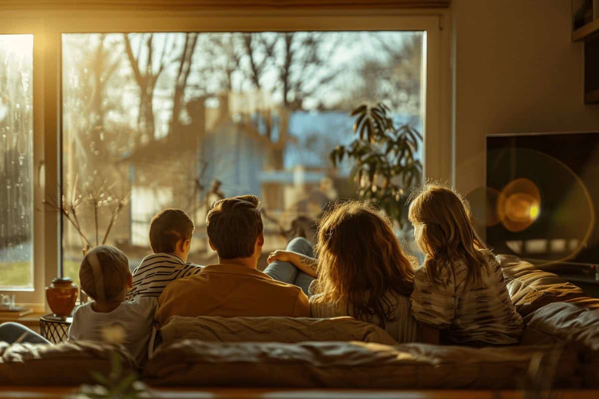 Patchwork-Familie auf Sofa von hinten, mehrere Kinder unterschiedlichen Alters, symbolisch für Erbrecht in der zweiten Ehe, rechtliche Beratung durch Anwalt angedeutet.